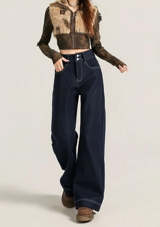 直发【68201 】防褪色抗皱~ 丹宁蓝 加绒四面弹高腰显瘦抗皱微喇牛仔裤 商品图1