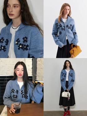 直发【M9130】cos风雾霾蓝 法式浪漫设计感钩花花朵拉链开衫毛衣外套