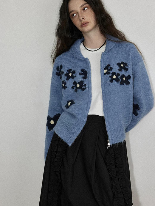 直发【M9130】cos风雾霾蓝 法式浪漫设计感钩花花朵拉链开衫毛衣外套 商品图1