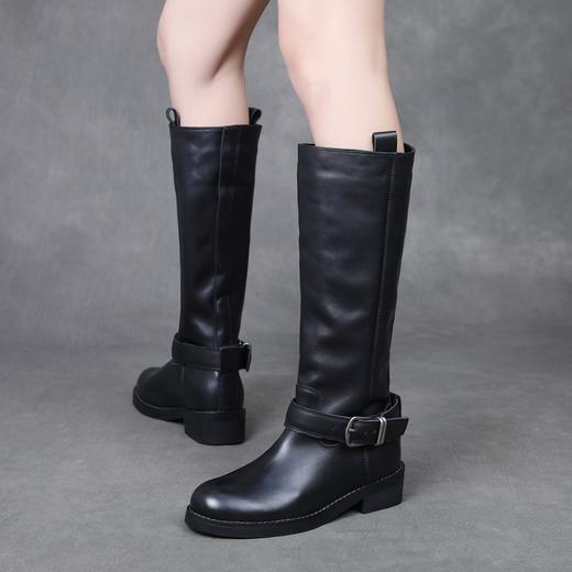 FR 85895骑士靴复古粗跟皮带扣百搭长筒靴马丁靴 商品图2