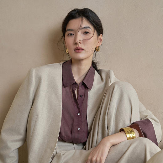 【林栖设计小店】手工钩花|檀木色苎麻衬衣透气肌理感2026早春新款上衣女1961200 商品图3