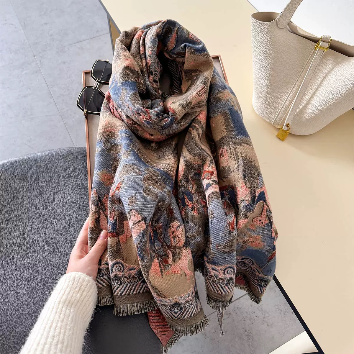 【仿羊绒围巾】敦煌小众围巾女款 新款秋冬季提花工艺仿羊绒加厚披肩敦煌系列保暖围脖