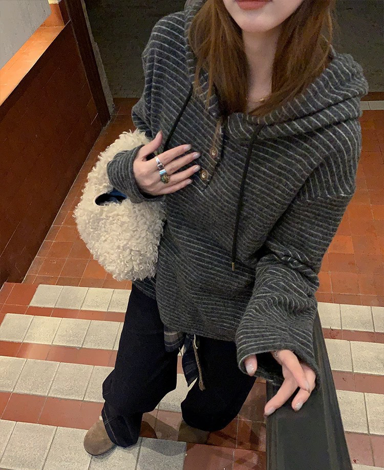 韩国订单条纹毛绒帽衫卫衣12181