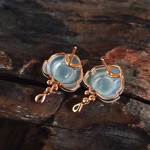 【天然正品】A货翡翠AU750玫瑰金镶钻镶天然冰种莲花造型翡翠（好运连连）耳环19.0*13.6*16.9MM（皆取最大值） 021225NJM21 商品图4