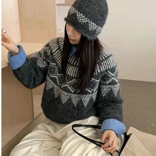 撞色费尔岛（赠送帽子）圆领毛衣2625 商品图4