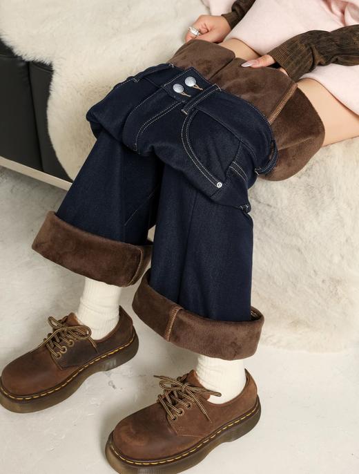 二店y 【68201 】防褪色抗皱~ 丹宁蓝 加绒四面弹高腰显瘦抗皱微喇牛仔裤 商品图6