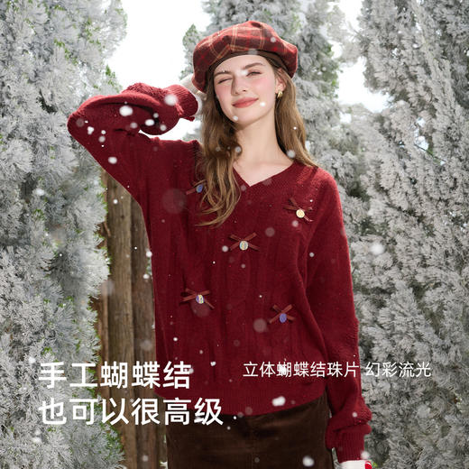 三彩2026春季新款珠片蝴蝶结绞花针织衫长袖V领新年毛衫套头M 商品图3