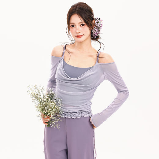 跃牌【禅语梵心】麻花网纱露肩瑜伽服长袖运动文胸一体杯健身服上衣CX5758 商品图1