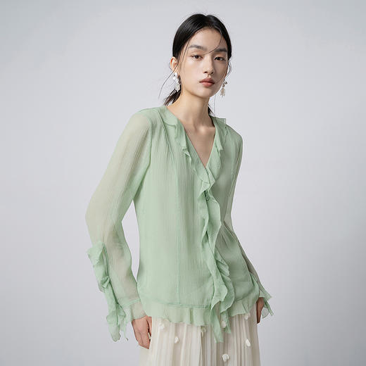 【林栖设计小店】风荷曳影|桑蚕丝衬衣荷叶边温柔仙气2026早春新款上衣女T1961310 商品图0