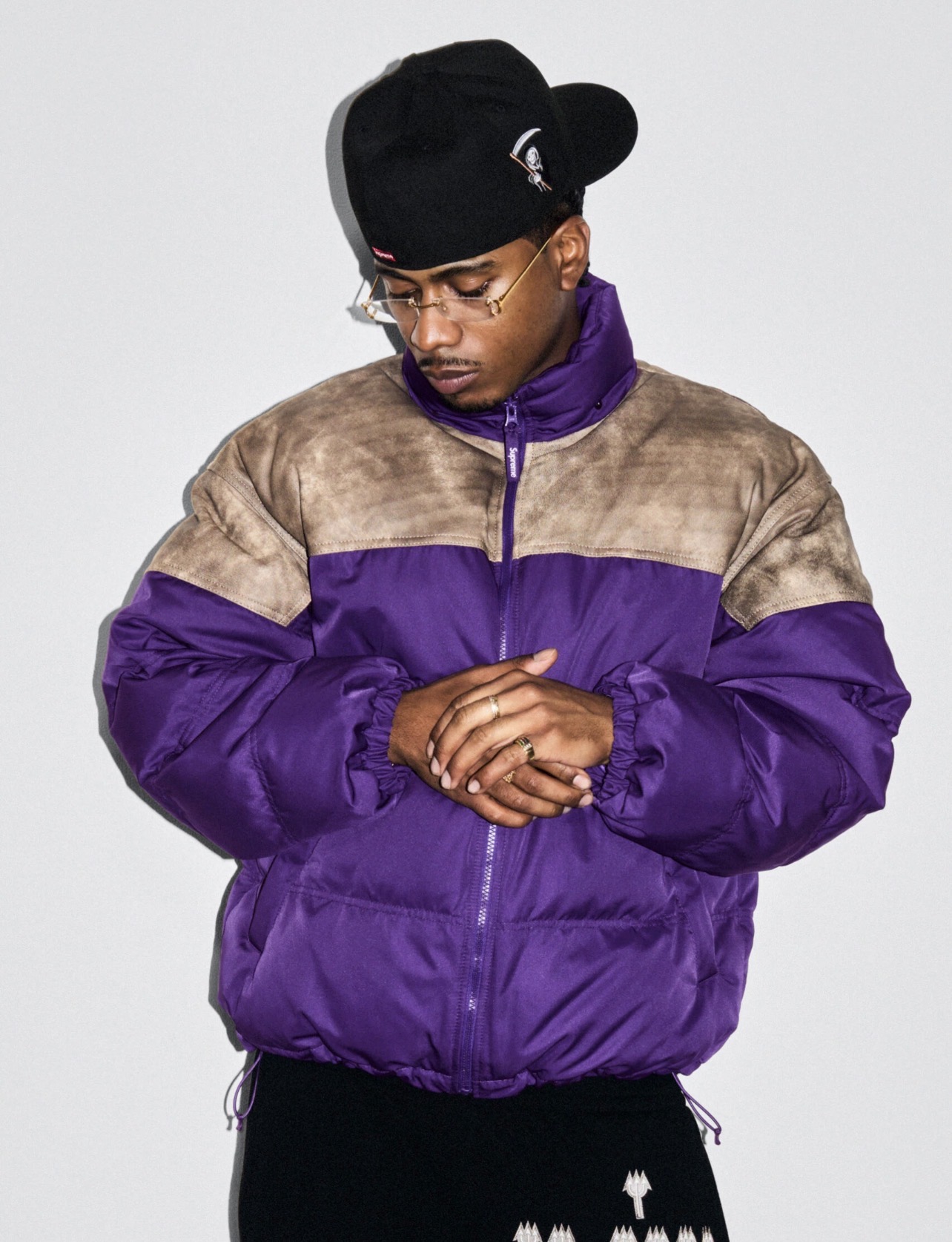 Supreme  25FW LEATHER YOKE PUFFER JACKET皮革拼接拉链羽绒服外套