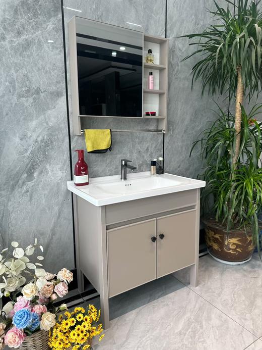 HT浴室柜 碳钢小地柜 80CM卡其色 带镜柜 三包装配48陶瓷盆 商品图0