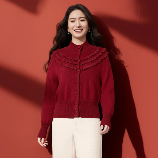 羊毛兔毛混纺针织衫 米思阳2025冬新款新年休闲红色蕾丝拼接单排扣针织衫毛衣女6047 商品图5