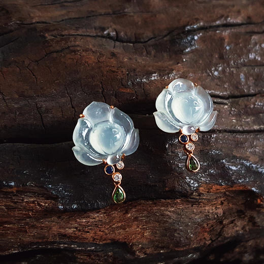 【天然正品】A货翡翠AU750玫瑰金镶钻镶天然冰种莲花造型翡翠（好运连连）耳环19.0*13.6*16.9MM（皆取最大值） 021225NJM21 商品图2