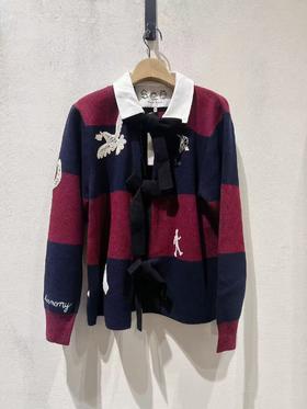 女款条纹蕾丝刺绣针织开衫毛衣ho