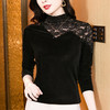 KQL E37M2958洋气百搭大码T恤蕾丝拼接丝绒钉珠长袖高领打底衫 商品缩略图3