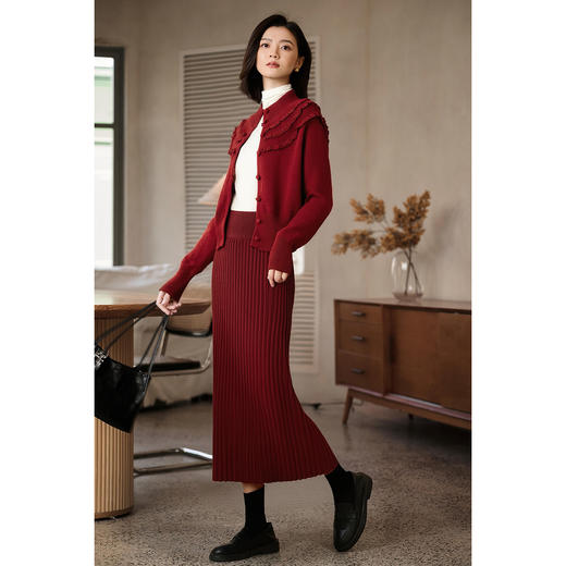 羊毛兔毛混纺针织衫 米思阳2025冬新款新年休闲红色蕾丝拼接单排扣针织衫毛衣女6047 商品图1