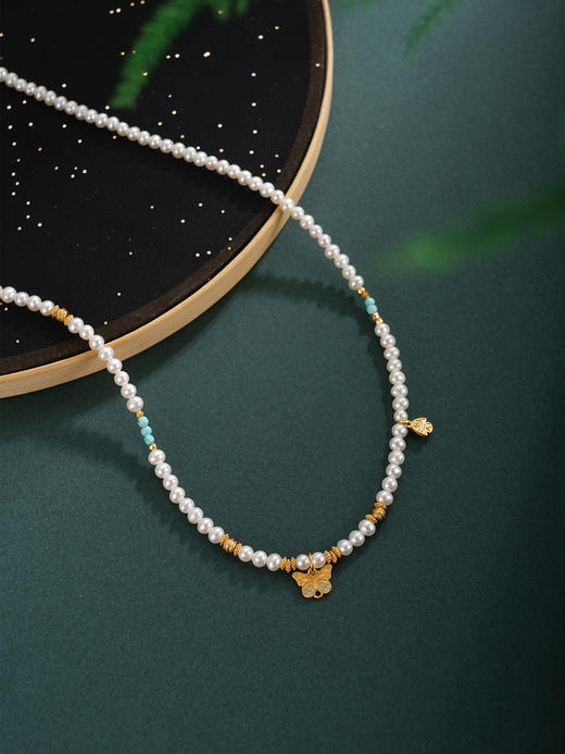 子佩集【蝴蝶之舞】银S925珍珠项链【QNX0007】3mm珠绿松石镀金蝴蝶2512 商品图2