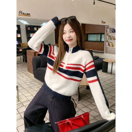 <曾小咸推荐>2.25现货秒杀 ！微信超特价！蓝白条纹拉链立领毛衣 日常199.99 立减110 秒杀89.99！！ 商品图2