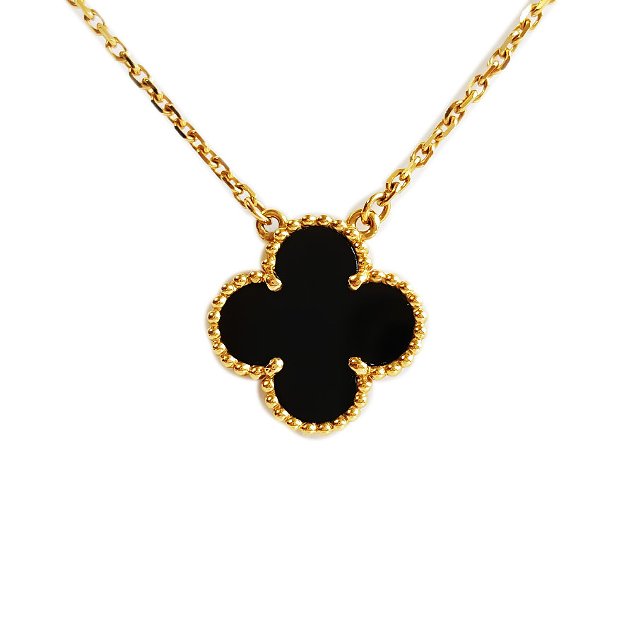 【95新】VCA梵克雅宝Vintage Alhambra系列VCARA45800  中号18K黄金镶黑玛瑙四叶草黑花项链链长约42cm女士 301125NJS07