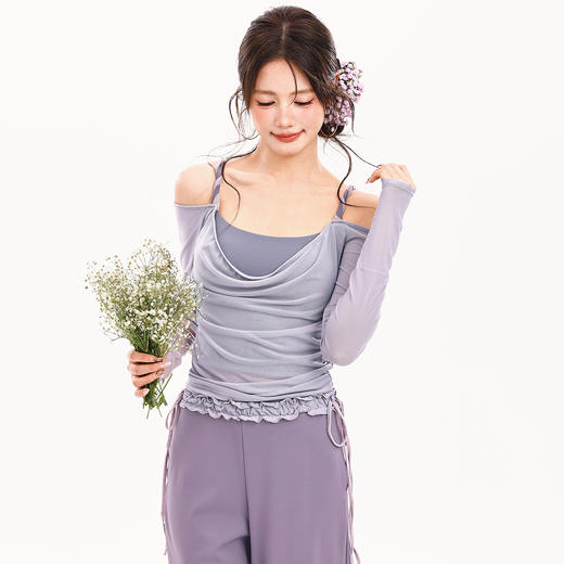 跃牌【禅语梵心】麻花网纱露肩瑜伽服长袖运动文胸一体杯健身服上衣CX5758 商品图2