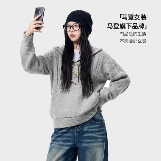 马登咖色半开领宽松加厚保暖套头连带帽针织毛衣卫衣外穿女士秋冬 商品图4