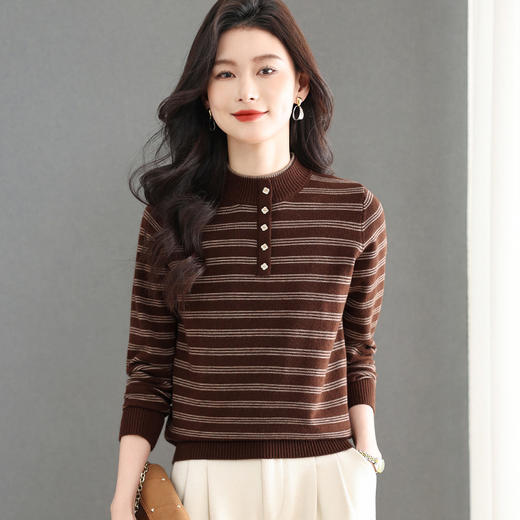 FCY YD8111妈妈装针织衫宽松保暖长袖条纹毛衣显瘦半高领上衣 商品图0
