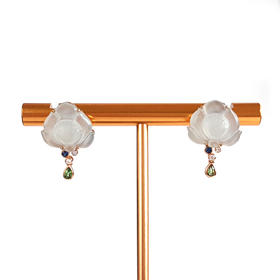 【天然正品】A货翡翠AU750玫瑰金镶钻镶天然冰种莲花造型翡翠（好运连连）耳环19.0*13.6*16.9MM（皆取最大值） 021225NJM21