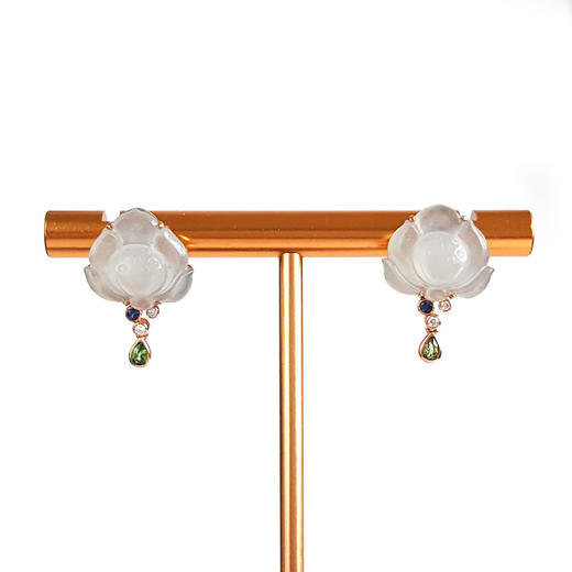 【天然正品】A货翡翠AU750玫瑰金镶钻镶天然冰种莲花造型翡翠（好运连连）耳环19.0*13.6*16.9MM（皆取最大值） 021225NJM21 商品图0