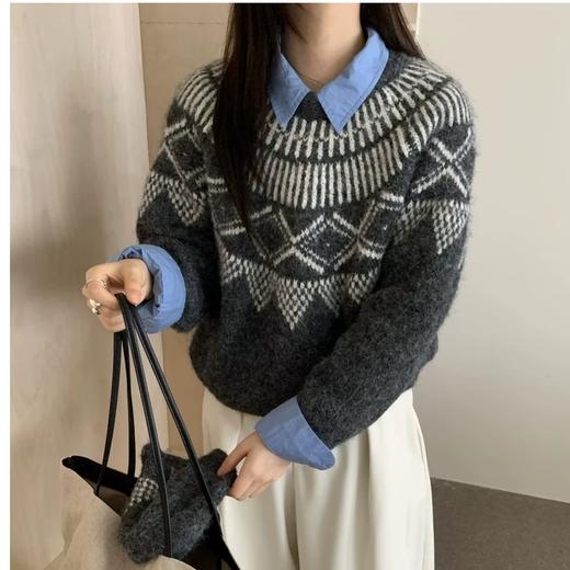 撞色费尔岛（赠送帽子）圆领毛衣2625 商品图5