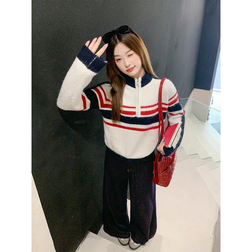 <曾小咸推荐>2.25现货秒杀 ！微信超特价！蓝白条纹拉链立领毛衣 日常199.99 立减110 秒杀89.99！！ 商品图3