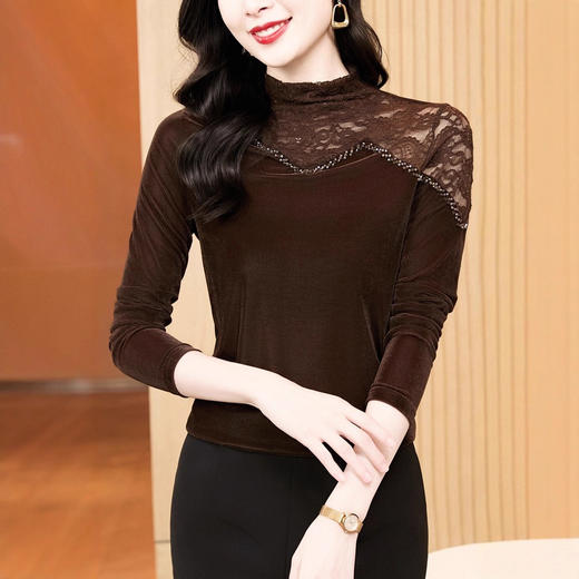 KQL E37M2958洋气百搭大码T恤蕾丝拼接丝绒钉珠长袖高领打底衫 商品图4