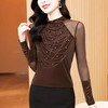 KQL E37M2967洋气百搭高领烫钻钉珠T恤丝绒拼接网纱长袖打底衫 商品缩略图4