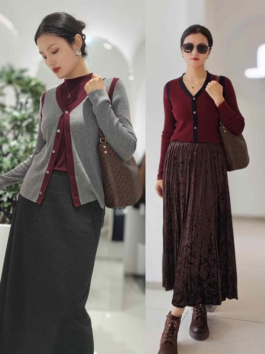 488033镶边露肩撞色款羊毛开衫 红色/灰色，内里可以搭配无袖高领背心，低领背心皆可！ 商品图3