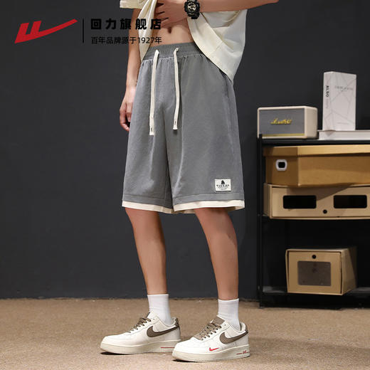 回力短裤男2025夏季新款假两件裤子美式潮牌休闲宽松黑色五分裤薄 商品图3