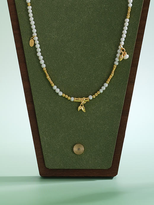 子佩集【竹福好运】银S925珍珠项链【QNX0009】3mm珠竹叶镀金2512 商品图3