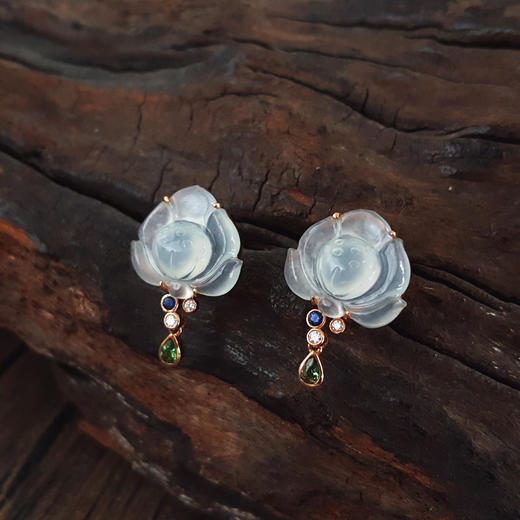 【天然正品】A货翡翠AU750玫瑰金镶钻镶天然冰种莲花造型翡翠（好运连连）耳环19.0*13.6*16.9MM（皆取最大值） 021225NJM21 商品图3