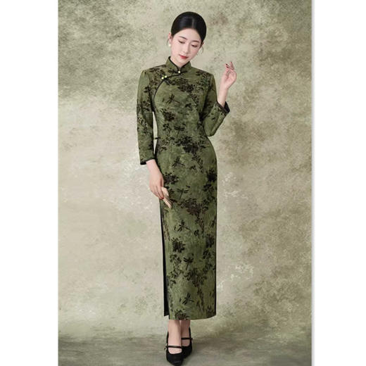 SKY 101013复古中国风复合植绒长款七分袖旗袍 商品图2