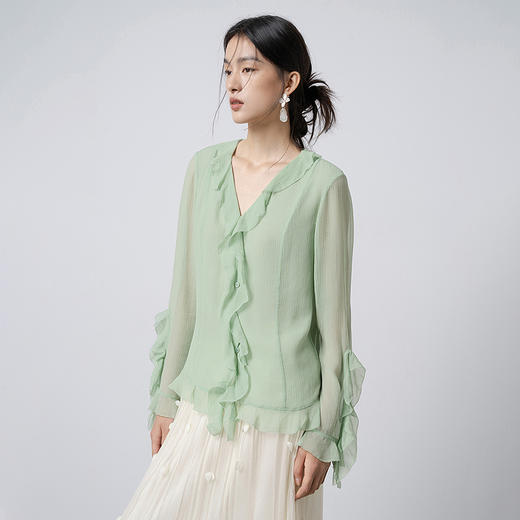 【林栖设计小店】风荷曳影|桑蚕丝衬衣荷叶边温柔仙气2026早春新款上衣女T1961310 商品图1