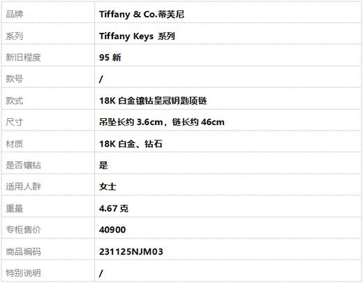 【95新】Tiffany & Co.蒂芙尼Tiffany Keys 系列18K白金镶钻皇冠钥匙项链吊坠长约3.6cm，链长约46cm女士 231125NJM03 商品图6