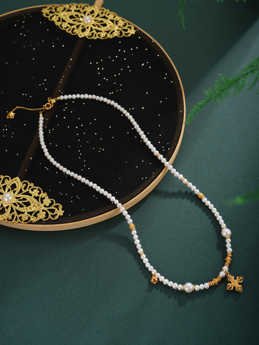 子佩集【神圣守护】银S925珍珠项链【QNX0004】3mm小珠6.8mm大珠金刚杵镀金2512 商品图2