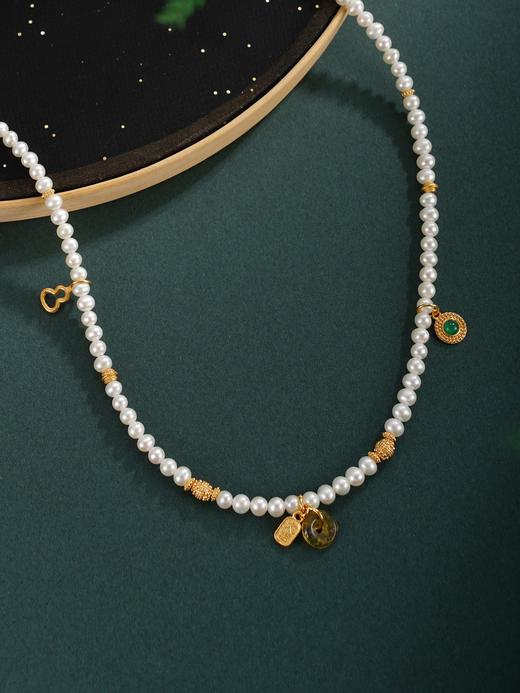 子佩集【福禄平安】银S925珍珠项链【QNX0019】3mm珠葫芦镀金平安扣大吉2512 商品图1