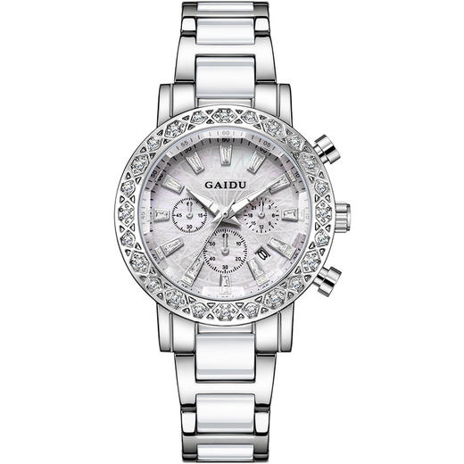 【百搭轻奢❗️水钻环绕镶嵌手表】送给自己一个礼物，时尚女士手表防水夜光贝母石英女表圆形镶钻日历陶瓷腕表七夕情人节礼物新年年 商品图3