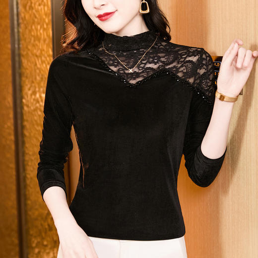 KQL E37M2958洋气百搭大码T恤蕾丝拼接丝绒钉珠长袖高领打底衫 商品图0