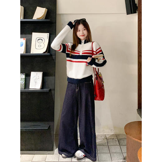 <曾小咸推荐>2.25现货秒杀 ！微信超特价！蓝白条纹拉链立领毛衣 日常199.99 立减110 秒杀89.99！！ 商品图1