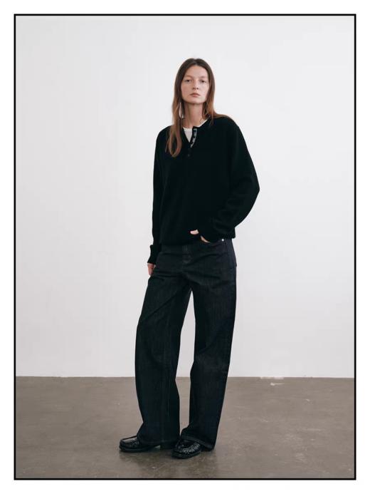 shyshystill/shy202509040/亨利领百搭格纹细节拼接100%全羊毛三色毛衣 商品图1