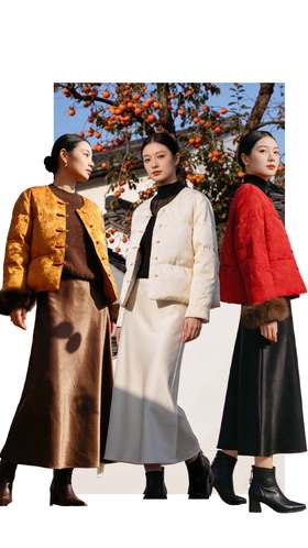 589902红黄白三色国风狐狸袖羽绒服，