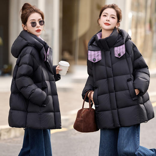 时尚格纹撞色拼接连帽羽绒服，气质中长款加厚保暖外套HR-MEIQIN59176 商品图3