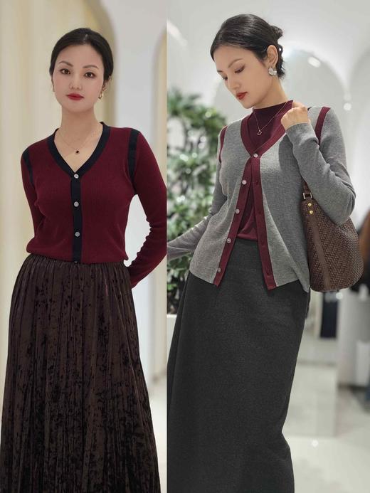 488033镶边露肩撞色款羊毛开衫 红色/灰色，内里可以搭配无袖高领背心，低领背心皆可！ 商品图4