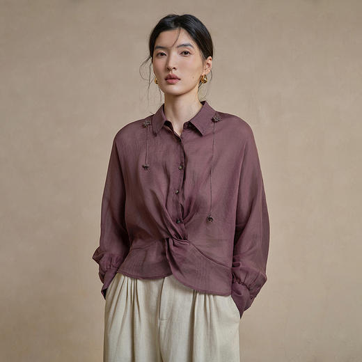 【林栖设计小店】手工钩花|檀木色苎麻衬衣透气肌理感2026早春新款上衣女1961200 商品图0