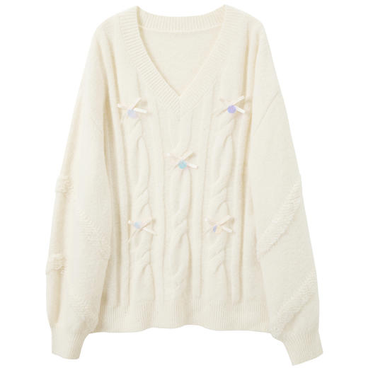 三彩2026春季新款珠片蝴蝶结绞花针织衫长袖V领新年毛衫套头M 商品图4